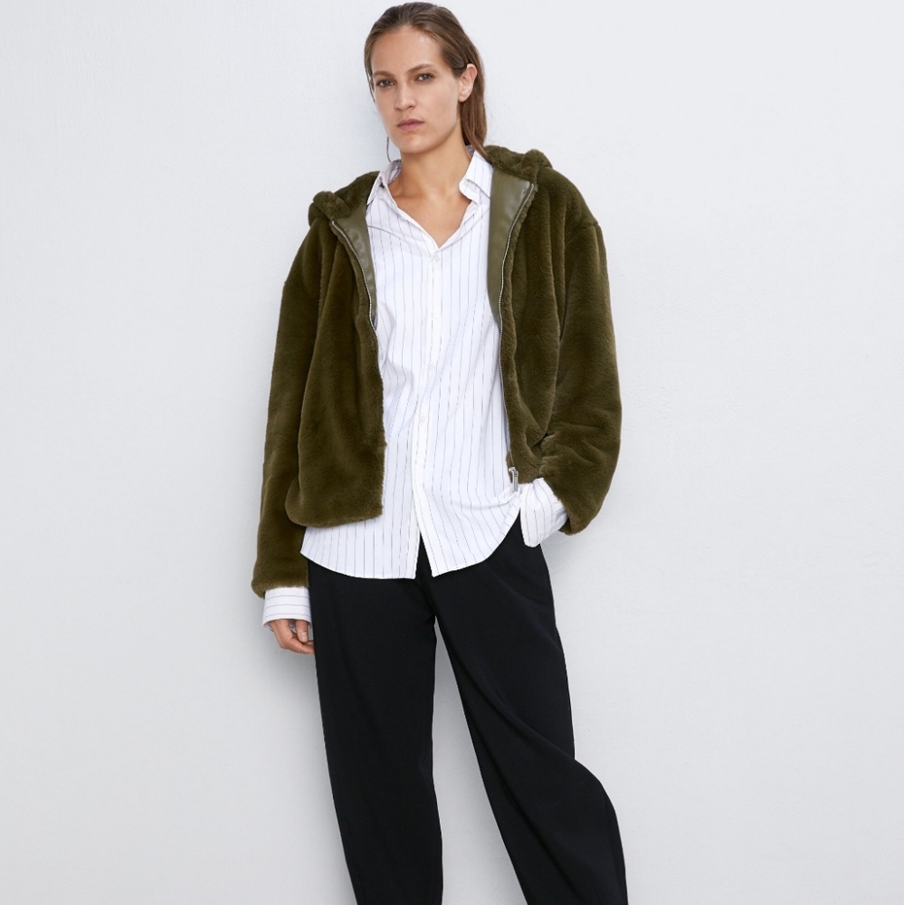 Zara Faux Fur Jacket in Mid Khaki Colour